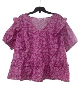 NWOT Candace Cameron Bure Pink Floral Ruffle V-Neck Blouse